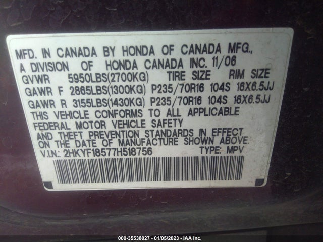 2007 HONDA PILOT EX-L VIN: 2HKYF18577H518756