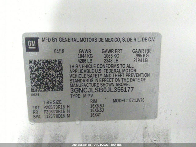 2018 Chevrolet Trax, VIN: 3GNCJLSB0JL356177