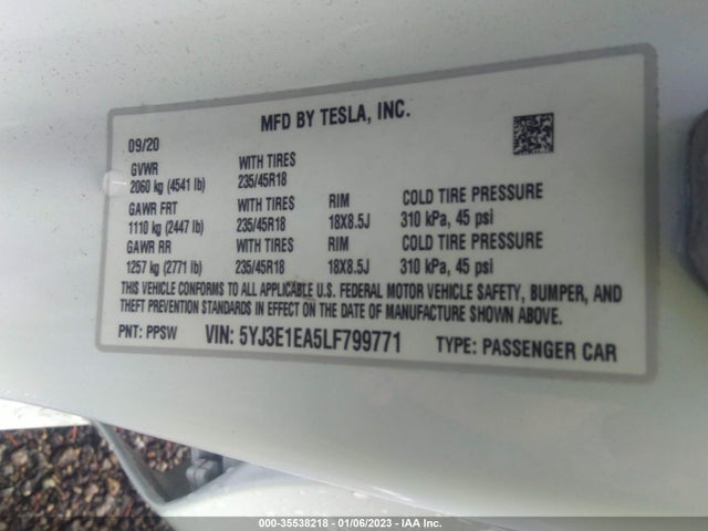 Tesla Model 3 Standard Range 2020 5YJ3E1EA5LF799771 Image 9