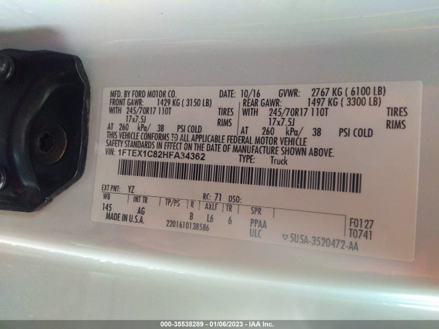 2017 FORD F-150 XL/XLT VIN: 1FTEX1C82HFA34362
