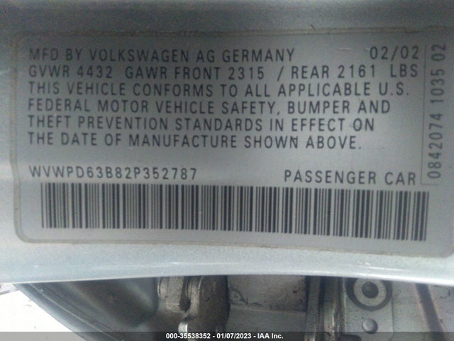 2002 VOLKSWAGEN PASSAT GLS VIN: WVWPD63B82P352787
