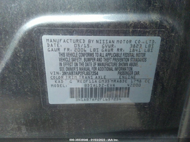 Nissan Sentra Sr/sl/s/sv/fe+ S 2015 3N1AB7AP2FL657254 Image 9