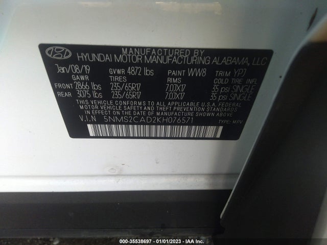2019 Hyundai Santa Fe, VIN: 5NMS2CAD2KH076571