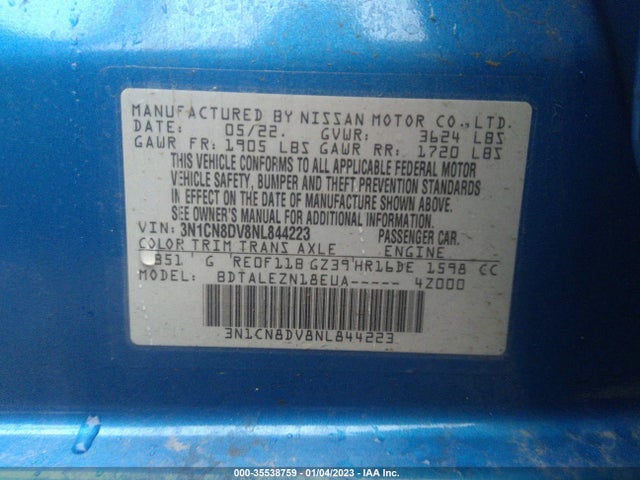 2022 Nissan Versa, VIN: 3N1CN8DV8NL844223