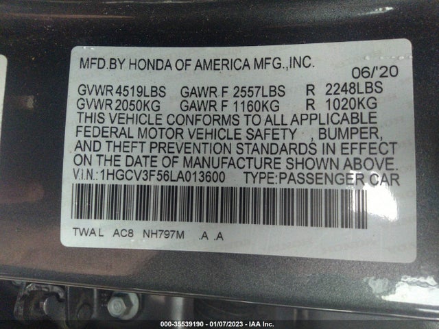2020 Honda Accord, VIN: 1HGCV3F56LA013600