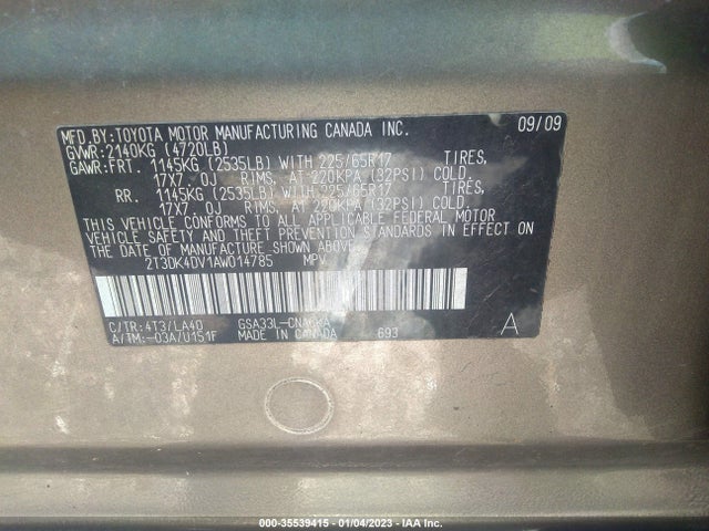 2010 TOYOTA RAV4 LTD VIN: 2T3DK4DV1AW014785