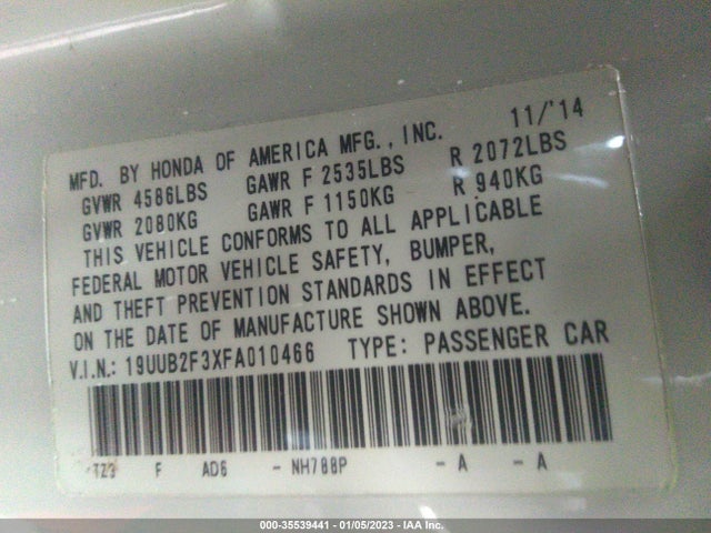 2015 ACURA TLX V6 VIN: 19UUB2F3XFA010466