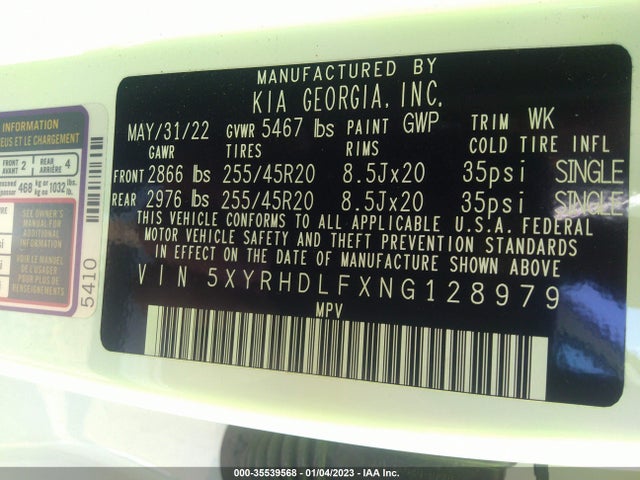 2022 Kia Sorento, VIN: 5XYRHDLFXNG128979