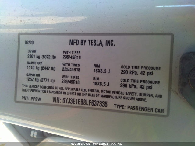 Tesla Model 3 Long Range 2020 5YJ3E1EB8LF637335 Image 9