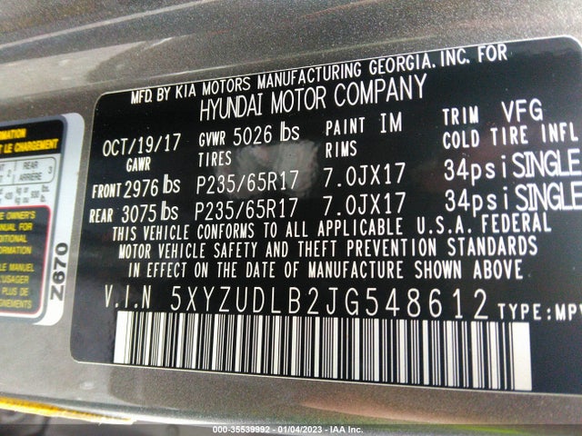 2018 Hyundai Santa Fe, VIN: 5XYZUDLB2JG548612