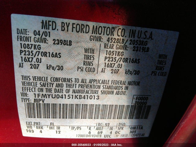 2001 FORD ESCAPE XLT VIN: 1FMYU04151KB41013
