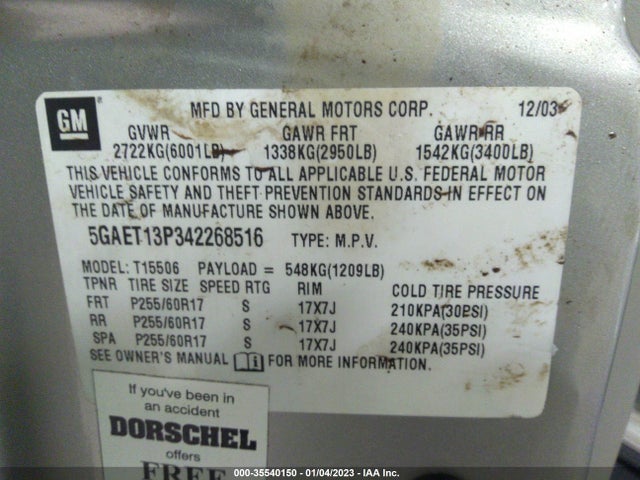 2004 BUICK RAINIER CXL VIN: 5GAET13P342268516
