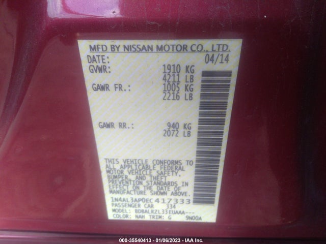 Продажа на аукционе авто 2014 Nissan Altima 2.5 S, vin: 1N4AL3AP0EC417333, номер лота: 35540413