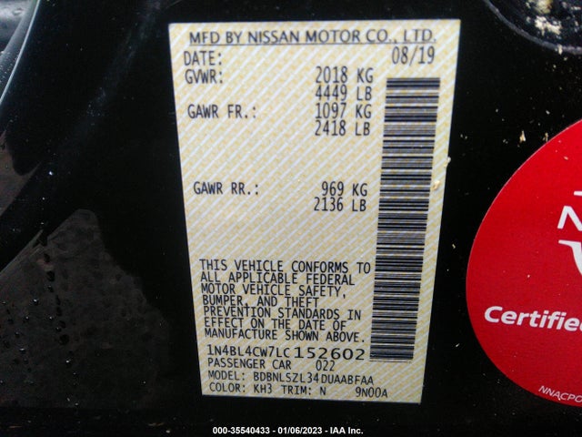 2020 NISSAN ALTIMA 2.5 SR VIN: 1N4BL4CW7LC152602