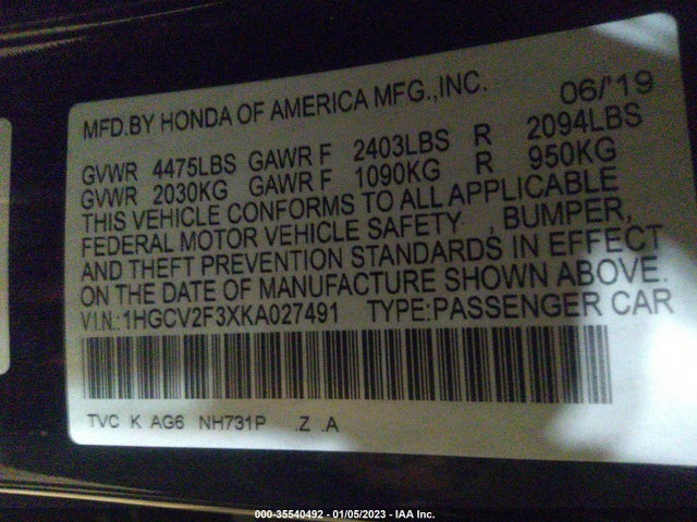 2019 HONDA ACCORD SEDAN SPORT 2.0T VIN: 1HGCV2F3XKA027491