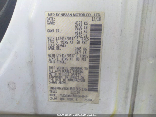 2019 Nissan NV, VIN: 1N6BF0KY9KN803516