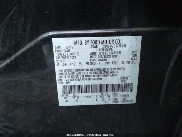 2015 FORD EDGE SPORT VIN: 2FMTK4AP3FBC08399