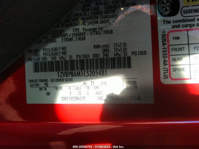 2012 FORD MUSTANG V6 VIN: 1ZVBP8AM1C5205481