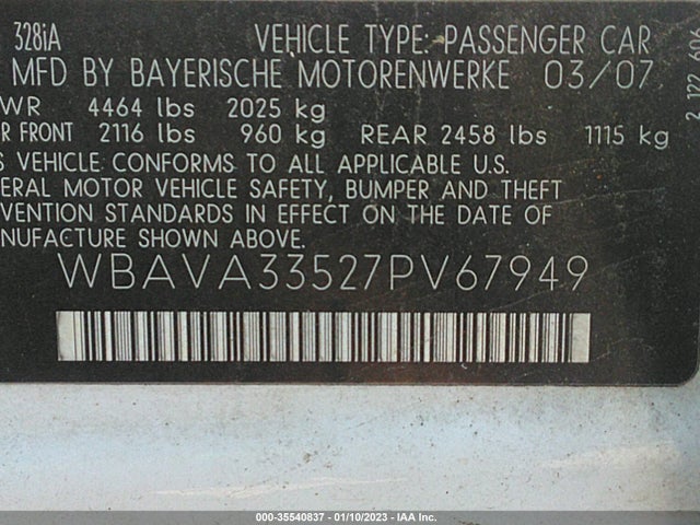 BMW 3 Series 328i 2007 WBAVA33527PV67949 Image 9