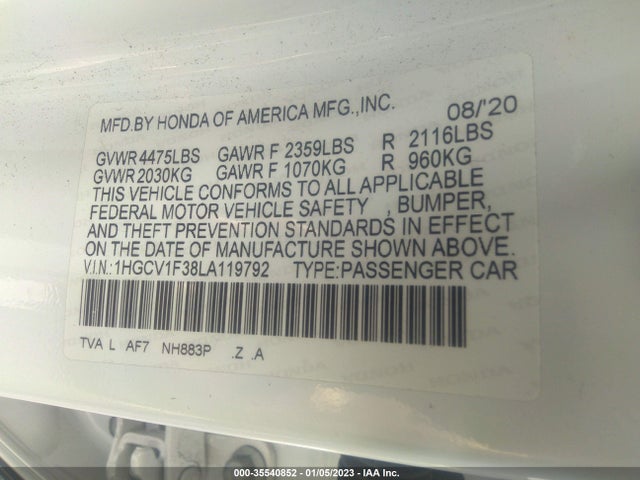 2020 HONDA ACCORD SEDAN SPORT VIN: 1HGCV1F38LA119792