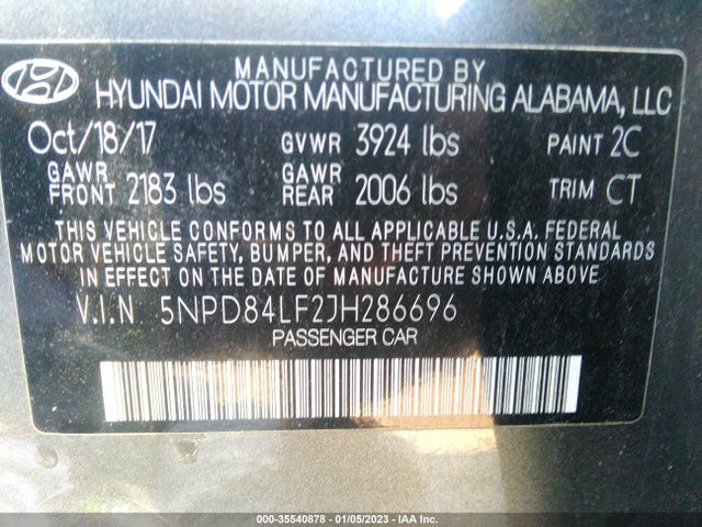 2018 HYUNDAI ELANTRA SEL VIN: 5NPD84LF2JH286696