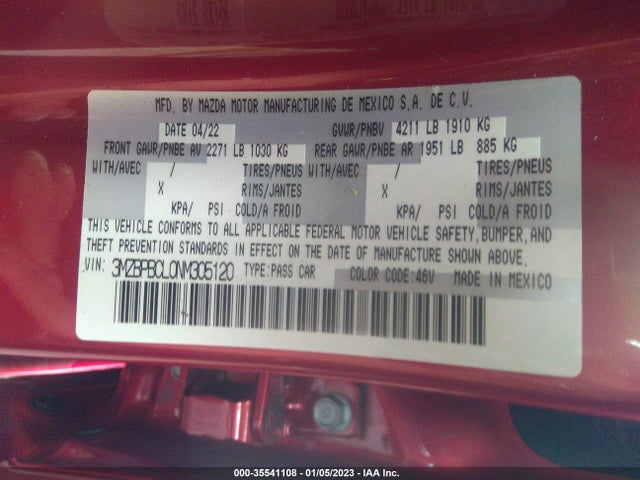 2022 Mazda 3, VIN: 3MZBPBCL0NM305120