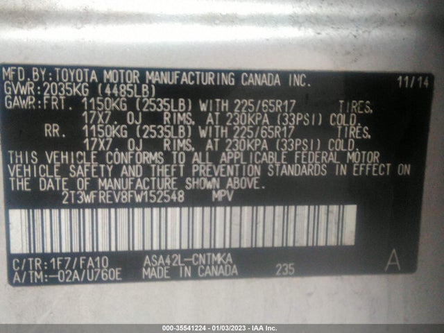 2015 TOYOTA RAV4 XLE VIN: 2T3WFREV8FW152548