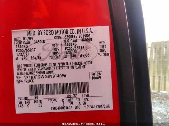 2004 FORD F-150 STX/XLT/XL VIN: 1FTRX12W04NB14096