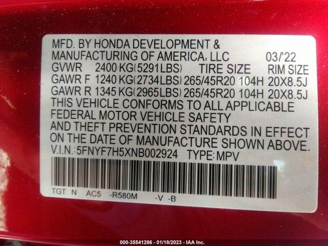 2022 Honda Passport, VIN: 5FNYF7H5XNB002924