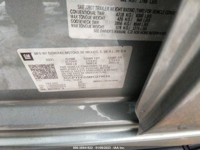 2021 CHEVROLET SILVERADO 1500 LT TRAIL BOSS VIN: 3GCPYFED5MG279016