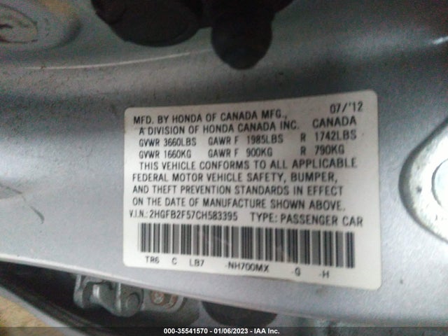 2012 HONDA CIVIC SDN LX VIN: 2HGFB2F57CH583395