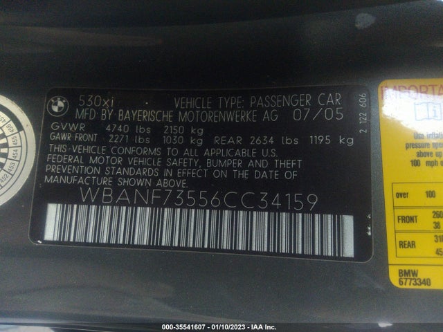 2006 BMW 5 SERIES 530XI VIN: WBANF73556CC34159
