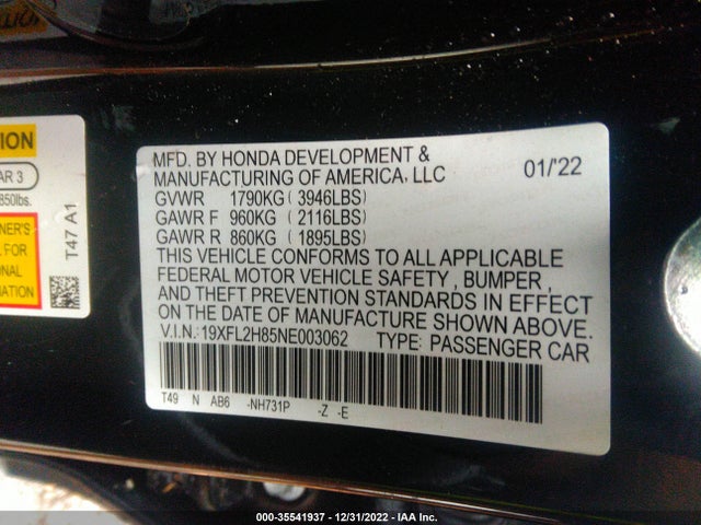 2022 HONDA CIVIC HATCHBACK SPORT VIN: 19XFL2H85NE003062