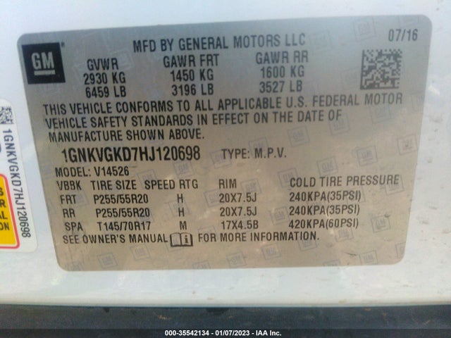 2017 Chevrolet Traverse, VIN: 1GNKVGKD7HJ120698