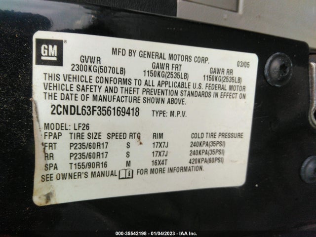 2005 CHEVROLET EQUINOX LT VIN: 2CNDL63F356169418