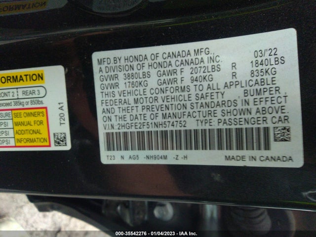 2022 HONDA CIVIC SEDAN SPORT VIN: 2HGFE2F51NH574752