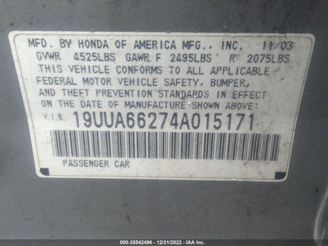 2004 ACURA TL VIN: 19UUA66274A015171