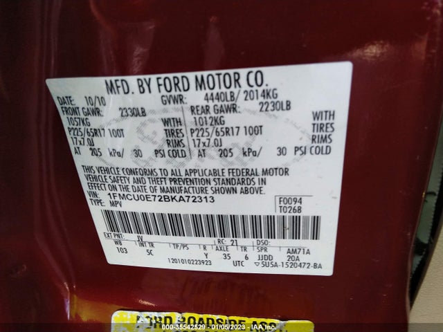 2011 FORD ESCAPE LIMITED VIN: 1FMCU0E72BKA72313