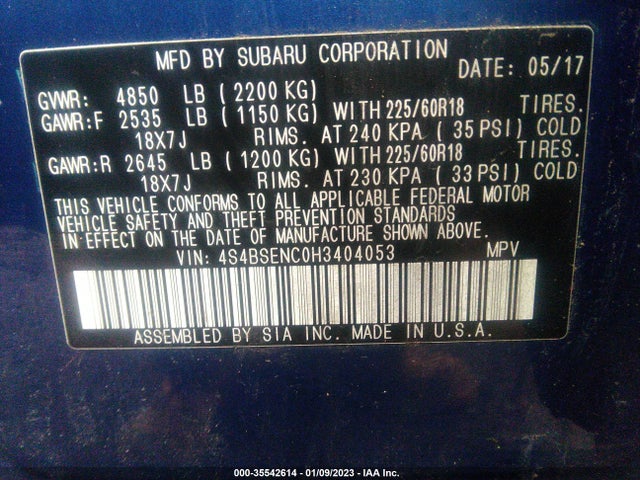 Subaru Outback Limited 2017 4S4BSENC0H3404053 Image 9