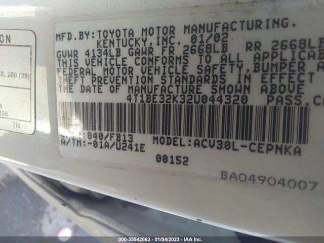 2002 TOYOTA CAMRY LE/SE/XLE VIN: 4T1BE32K32U044320