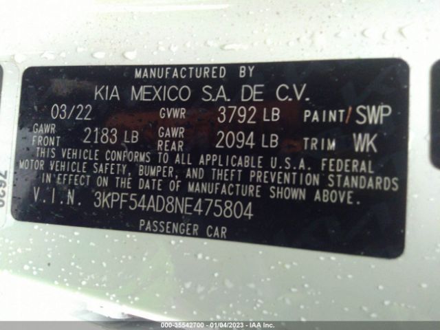 3KPF54AD8NE475804 KIA Forte Gt Line