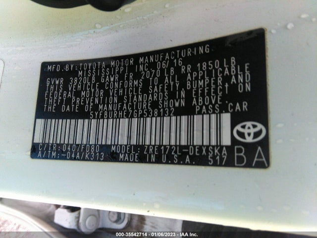 2016 Toyota Corolla, VIN: 5YFBURHE7GP538132
