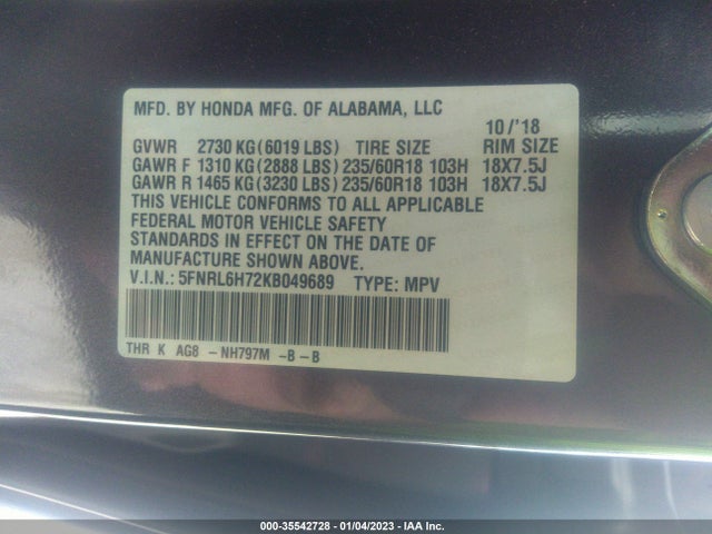 2019 Honda Odyssey, VIN: 5FNRL6H72KB049689