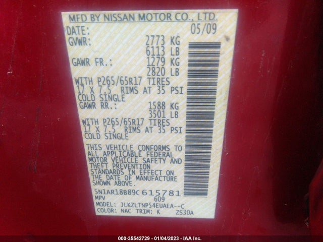 2009 NISSAN PATHFINDER SE VIN: 5N1AR18B89C615781