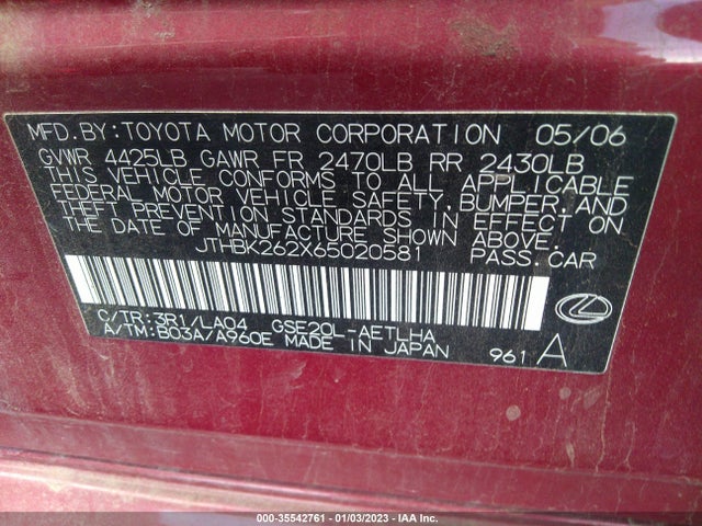 JTHBK262X65020581 Lexus Is 250 Auto