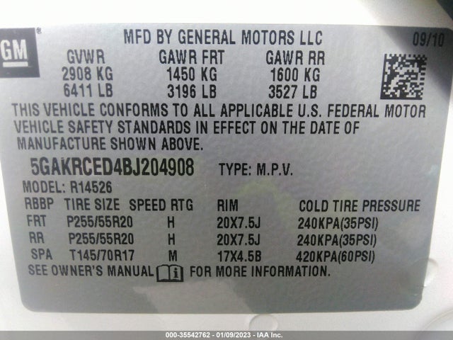 2011 BUICK ENCLAVE CXL-2 VIN: 5GAKRCED4BJ204908