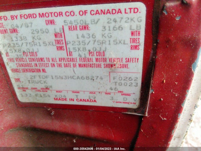1987 FORD F150 VIN: 2FTDF15N3HCA68274