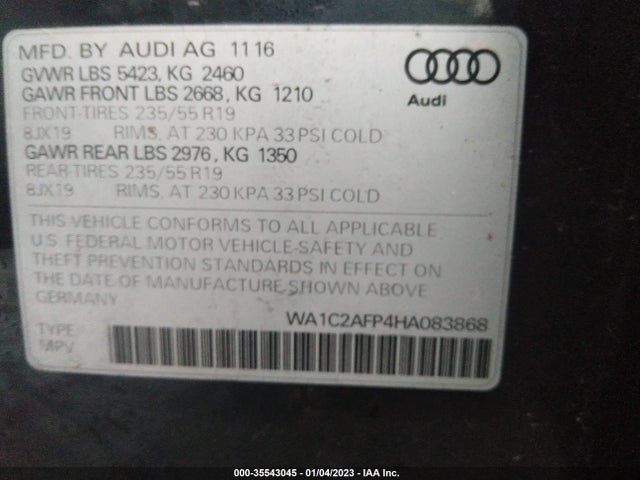 2017 AUDI Q5 PREMIUM VIN: WA1C2AFP4HA083868