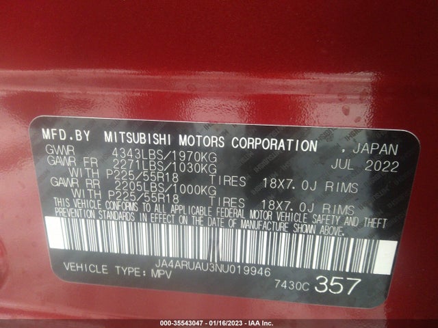 JA4ARUAU3NU019946 Mitsubishi Outlander Sport Es/le/se