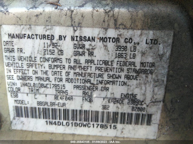 1998 NISSAN ALTIMA XE/GXE/SE/GLE VIN: 1N4DL01D0WC178515